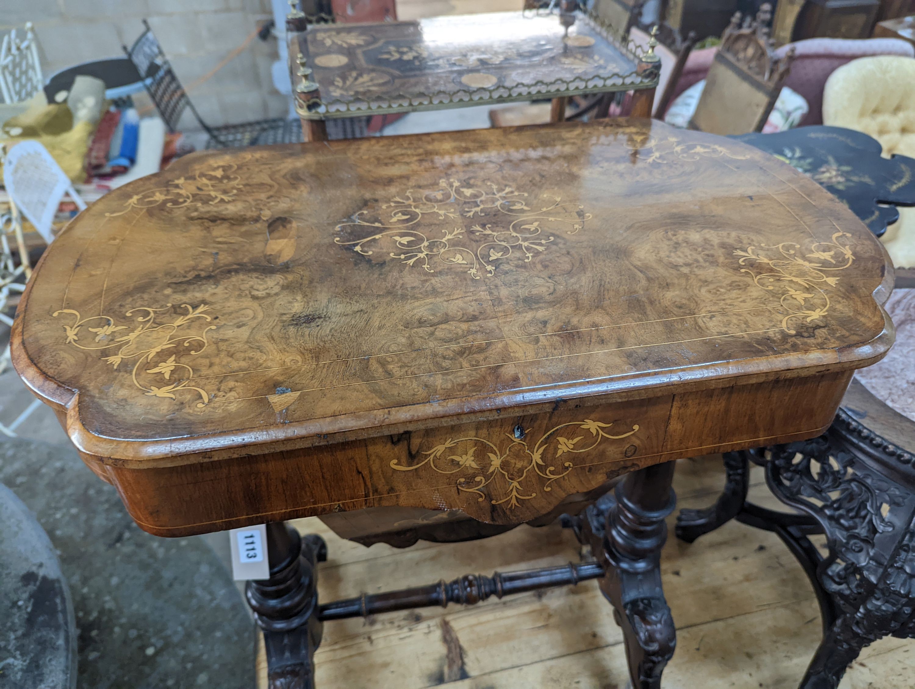 A Victorian marquetry inlaid walnut work table, width 64cm, depth 41cm, height 72cm